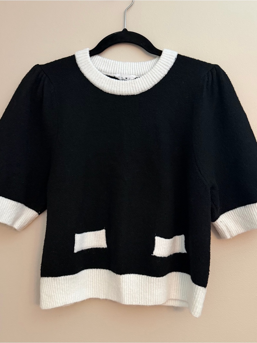 THML Black Drew Top Sweater | Puff Sleeve Contrast Trim | Size M - Picture 2 of 8
